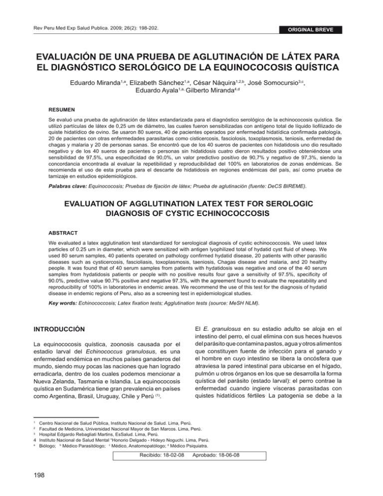 EVALUACIÓN DE UNA PRUEBA DE AGLUTINACIÓN DE LÁTEX