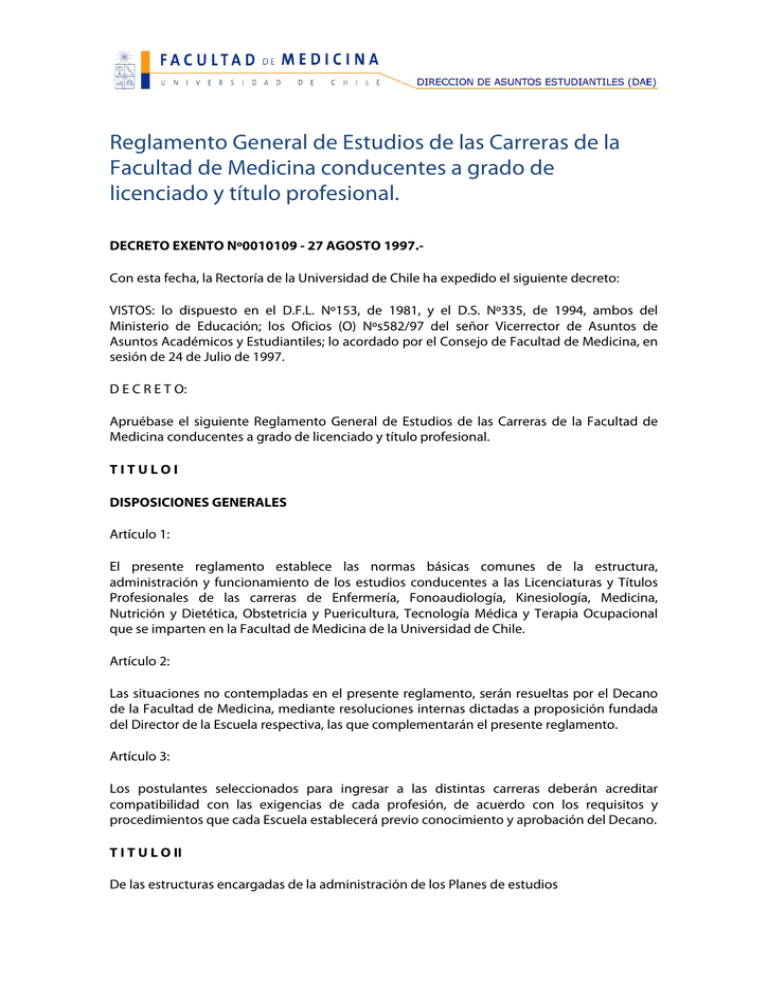 Reglamento General De Estudios De Las Carreras De La Facultad De