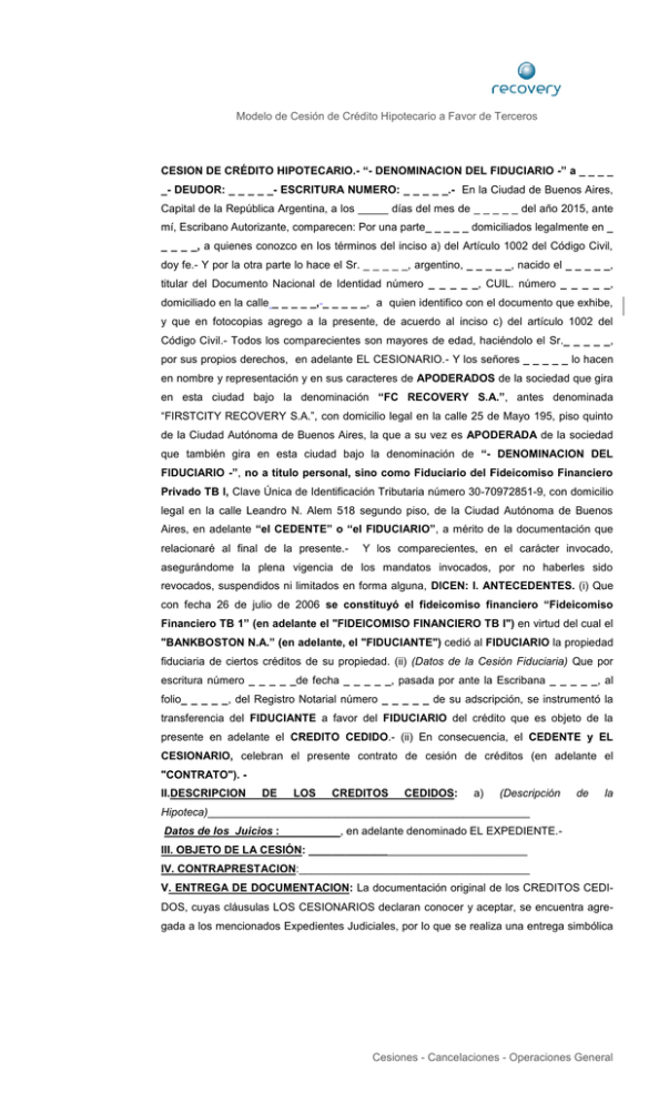 Modelo de Cesión de Crédito Hipotecario a Favor