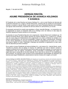 Hernán Rincón, asume Presidencia de Avianca Holdings y Avianca
