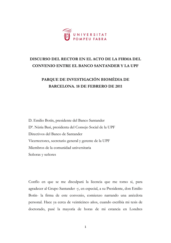 Discurso Del Rector En El Acto De La Firma Del Convenio Entre El Banco