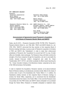 Panasonic: Announcement of Agreements toward Panasonic`s