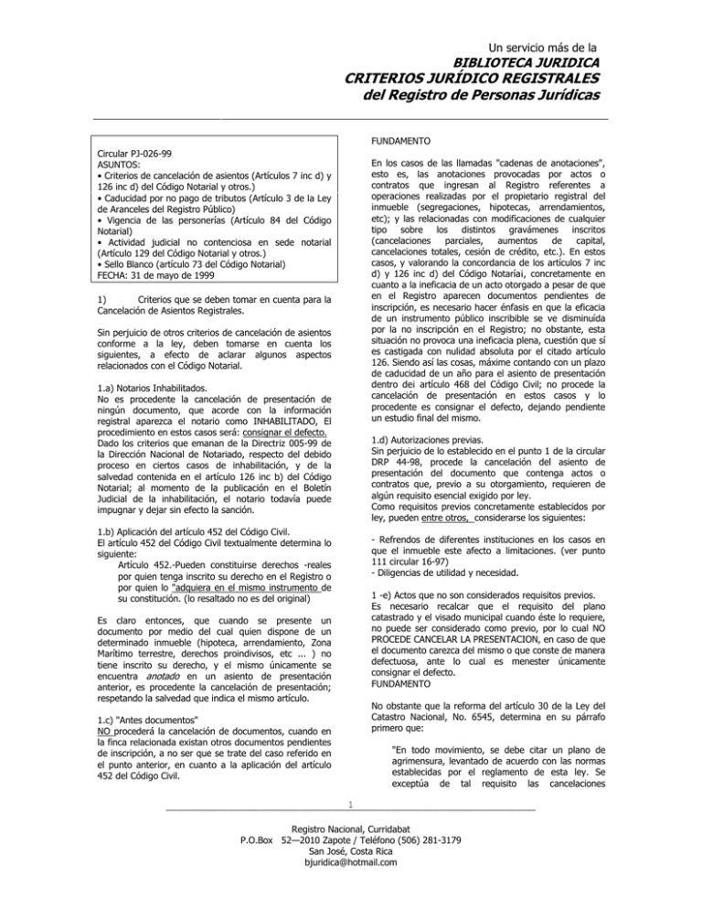 CRITERIOS JURÍDICO REGISTRALES Del