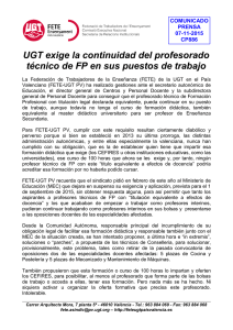 CP886 UGT exige la continuidad del profesorado técnico de FP en