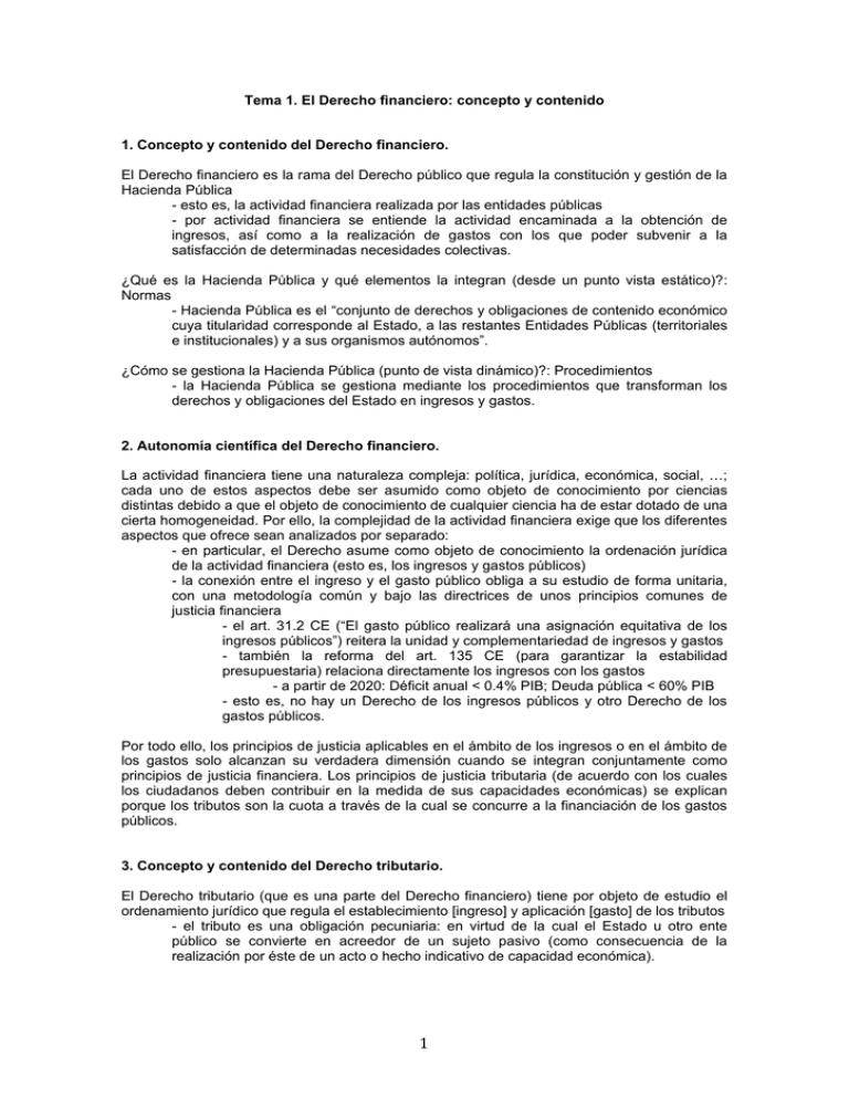 Tema 1. El Derecho Financiero: Concepto Y Contenido 1. Concepto Y