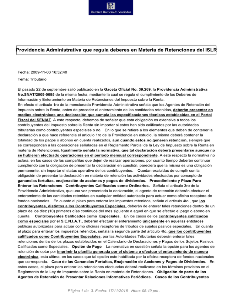 Providencia Administrativa Que Regula Deberes En Materia De