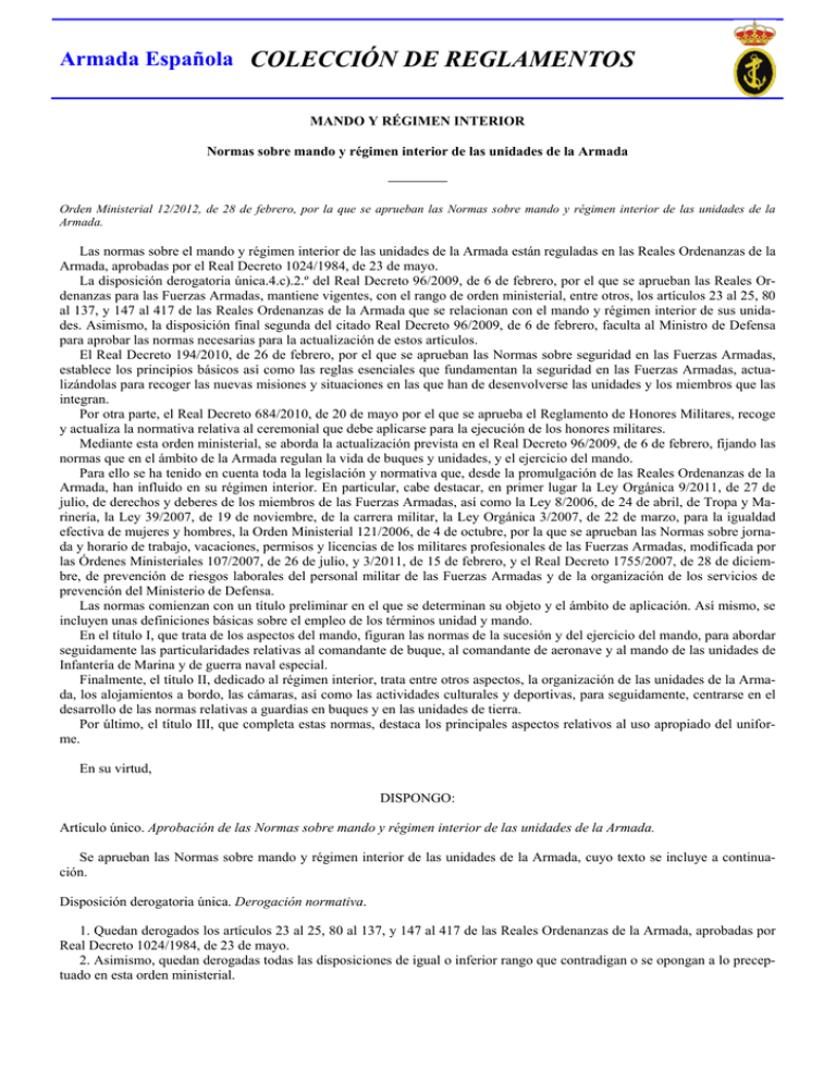 Normas sobre mando y régimen interior de las