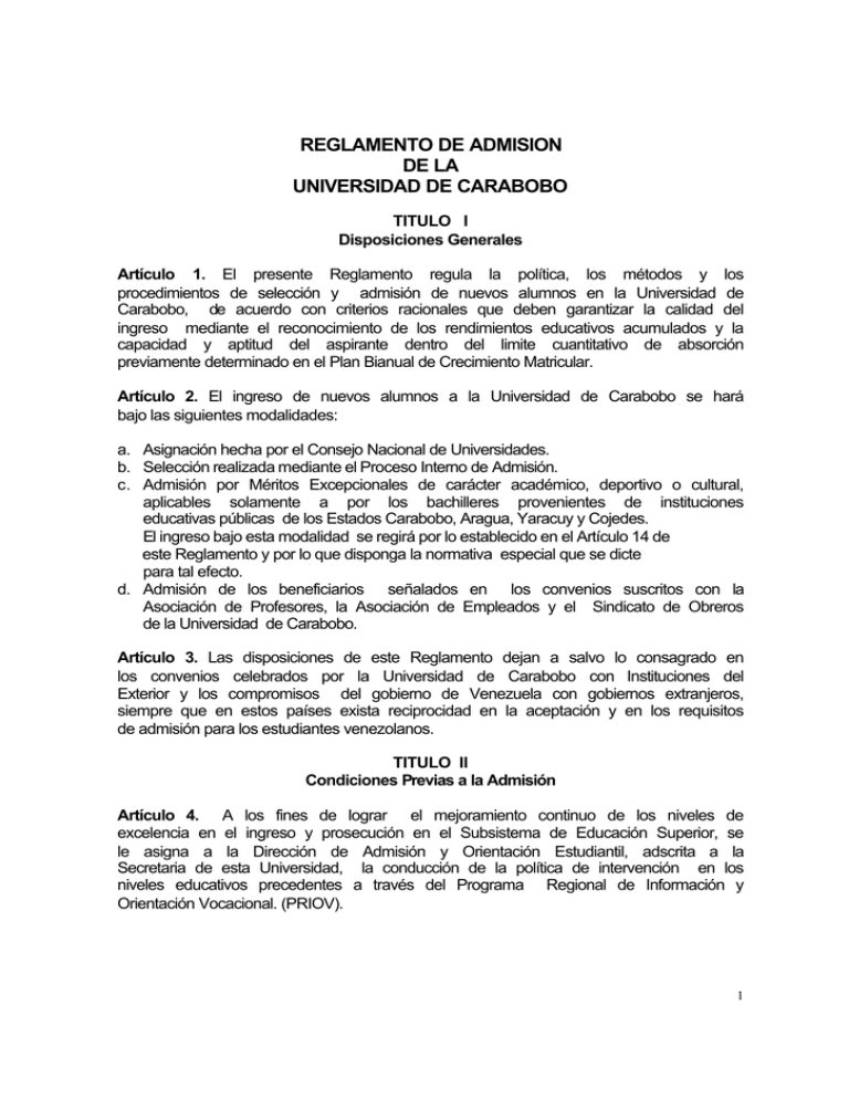 Reglamento De Admisión De La UC.