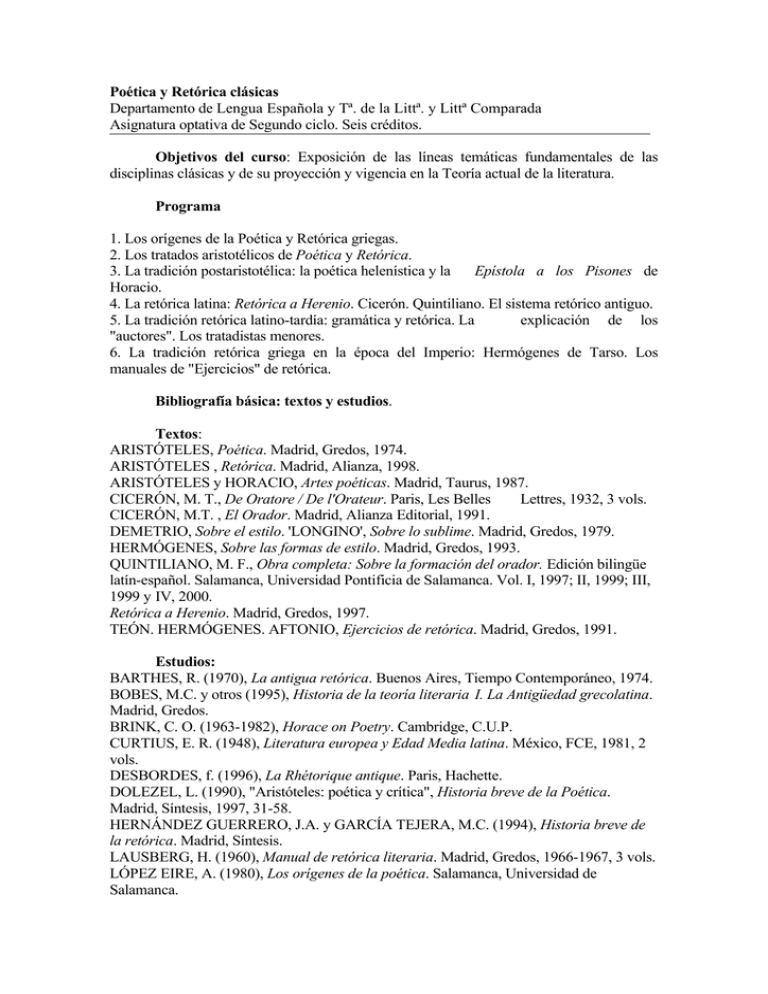Po tica Y Ret rica Cl sicas Universidad Complutense De Madrid