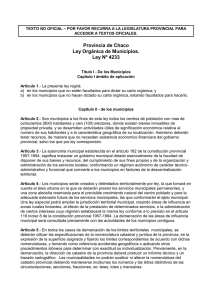 Provincia de Chaco Ley Orgánica de Municipios. Ley Nº 4233