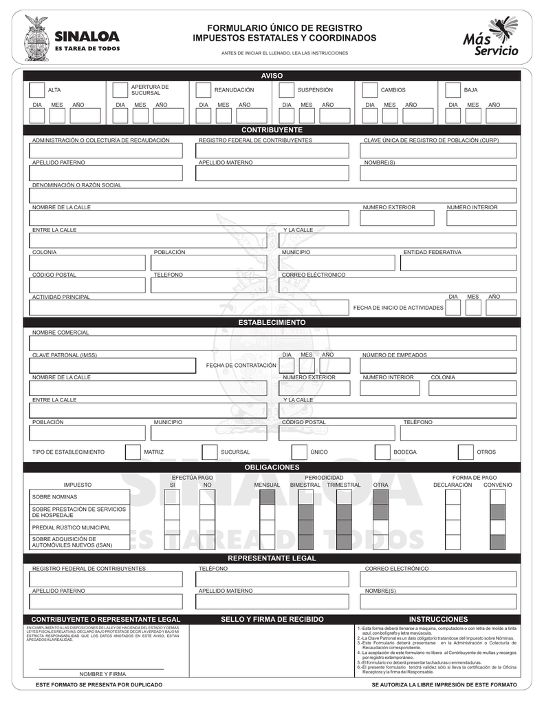 Formulario Único de Registro Portal Fiscal del Estado de