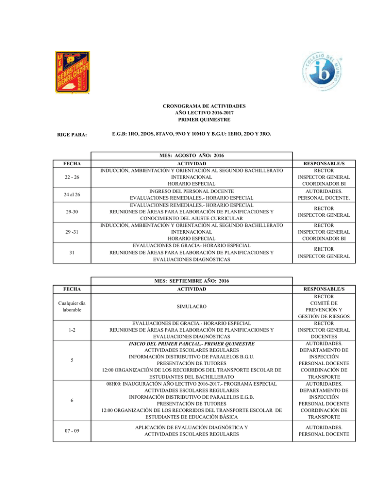 CRONOGRAMA DE ACTIVIDADES AÑO LECTIVO 2016