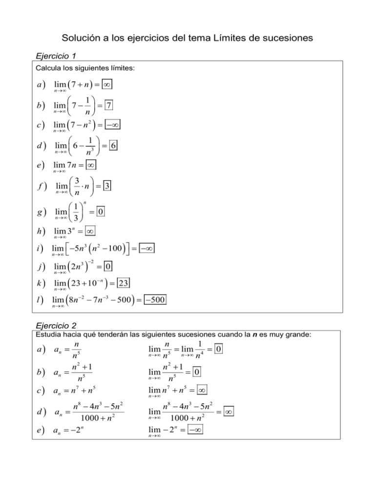 Soluciones Ejercicios Límites De Sucesiones