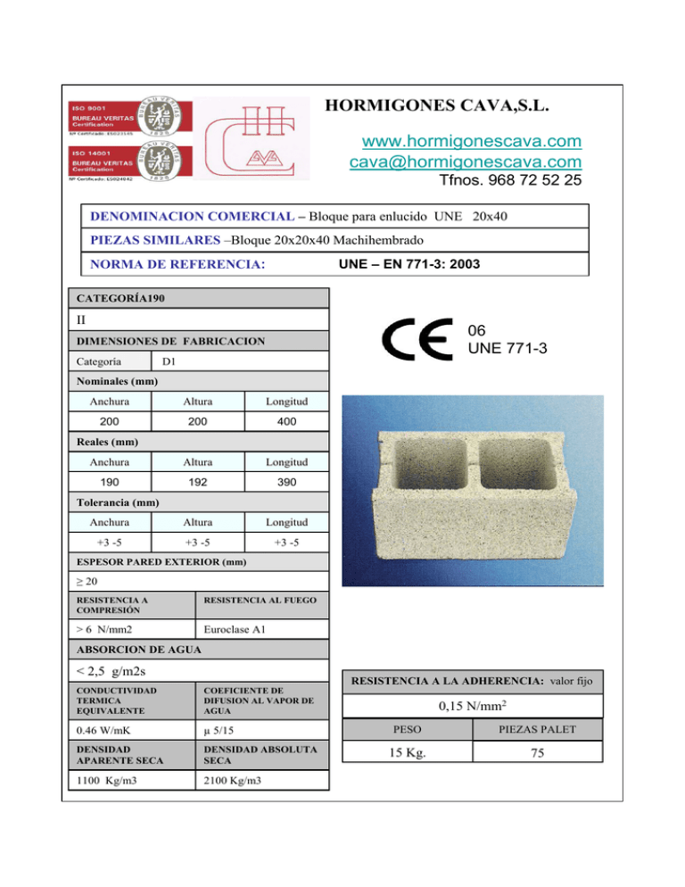 Ficha Tecnica De Bloque Para Enlucido 40x20x20 9999