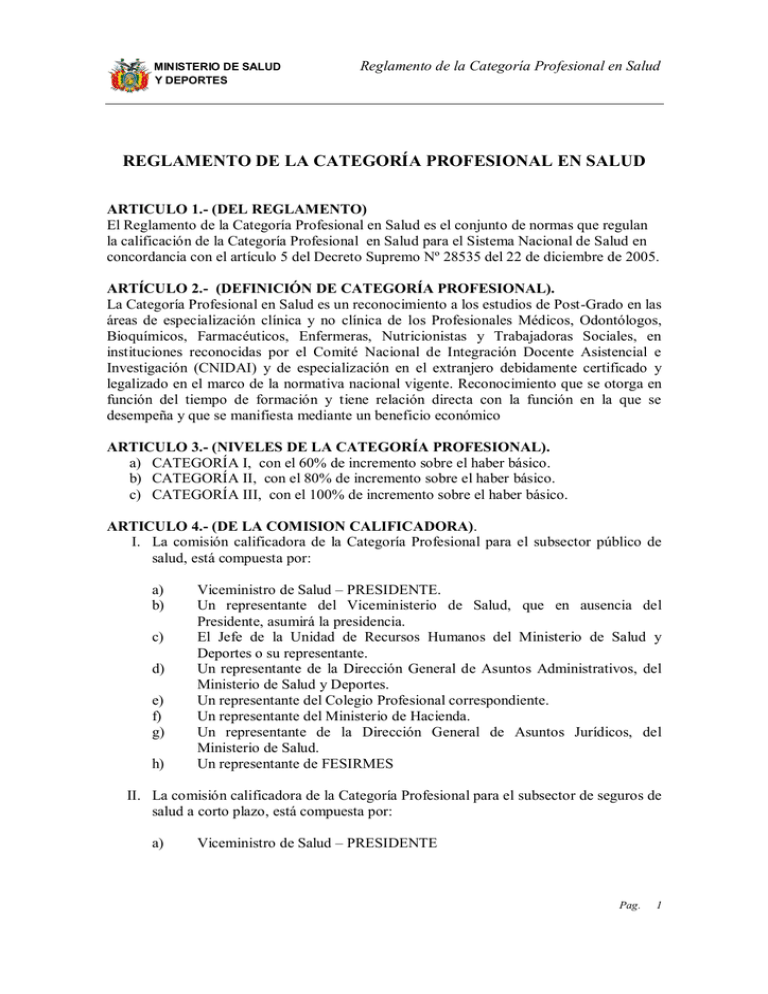 reglamento de la categoría profesional en salud