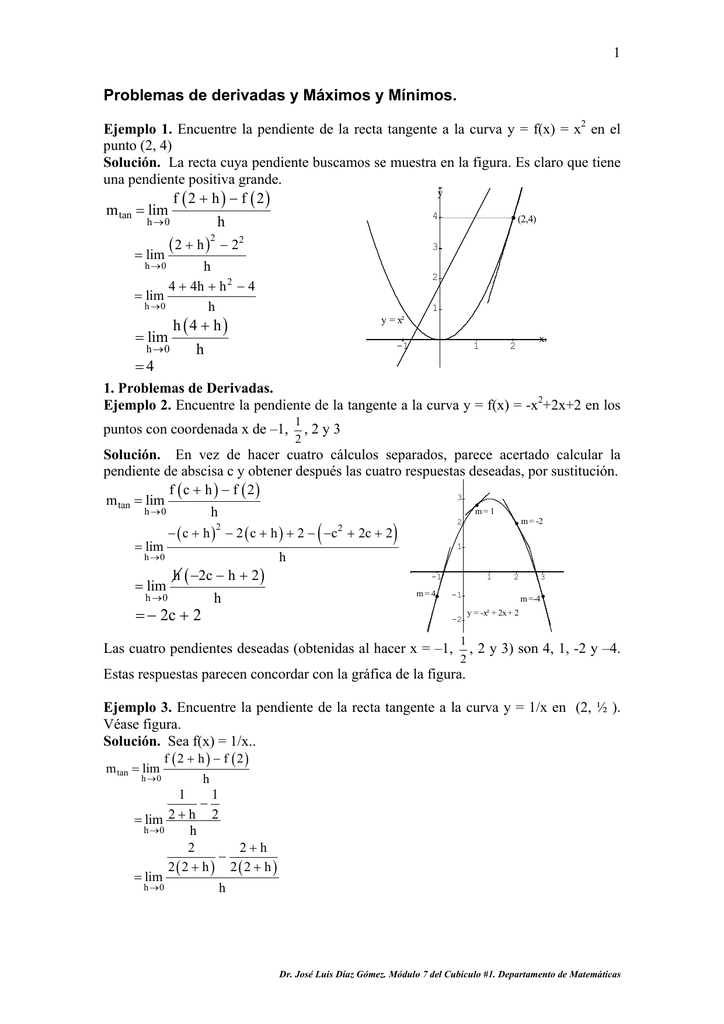 Problemario De Derivadas Y Maximos Y Minimos