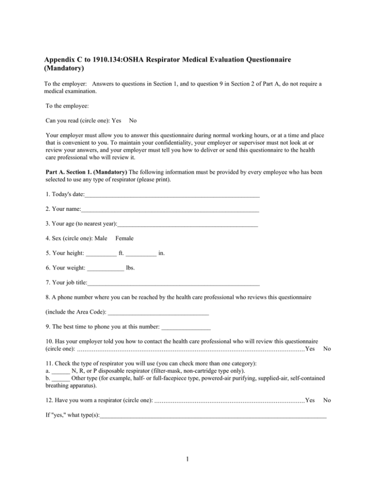 1 Appendix C To 1910 134 OSHA Respirator Medical Evaluation