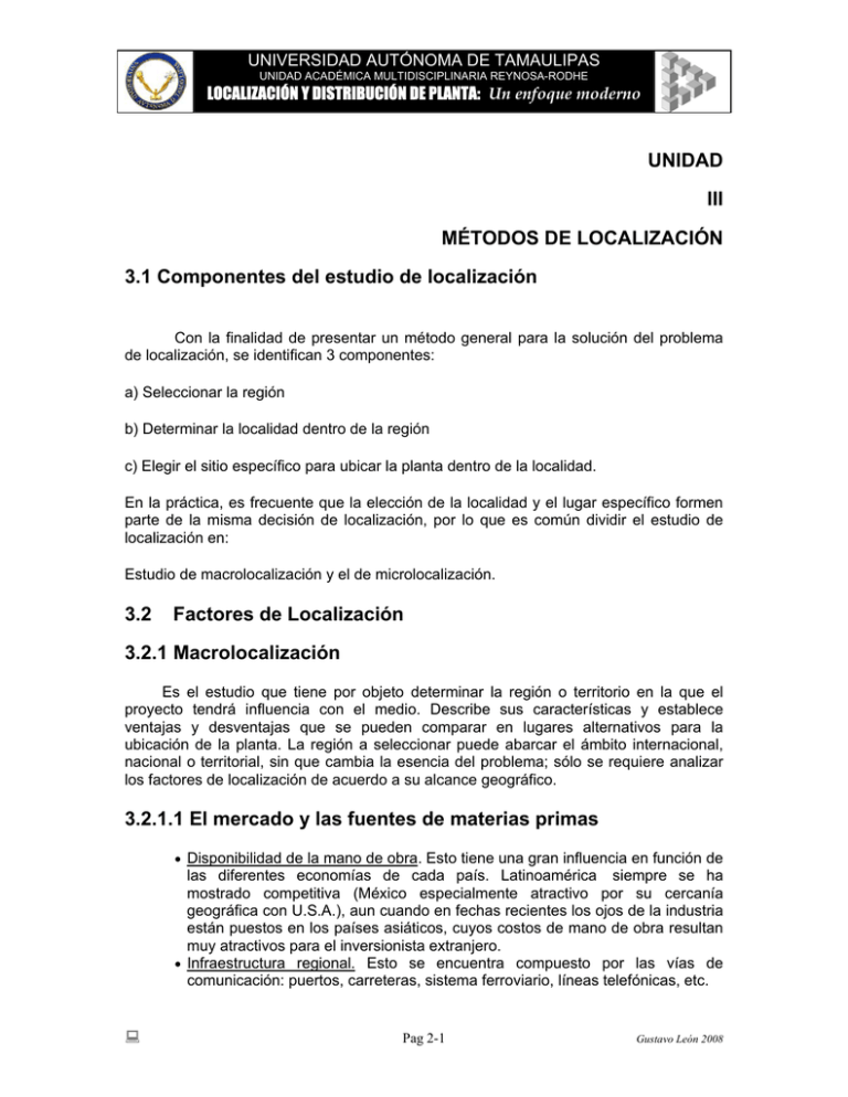 UNIDAD III MÉTODOS DE LOCALIZACIÓN 3.1 Componentes Del