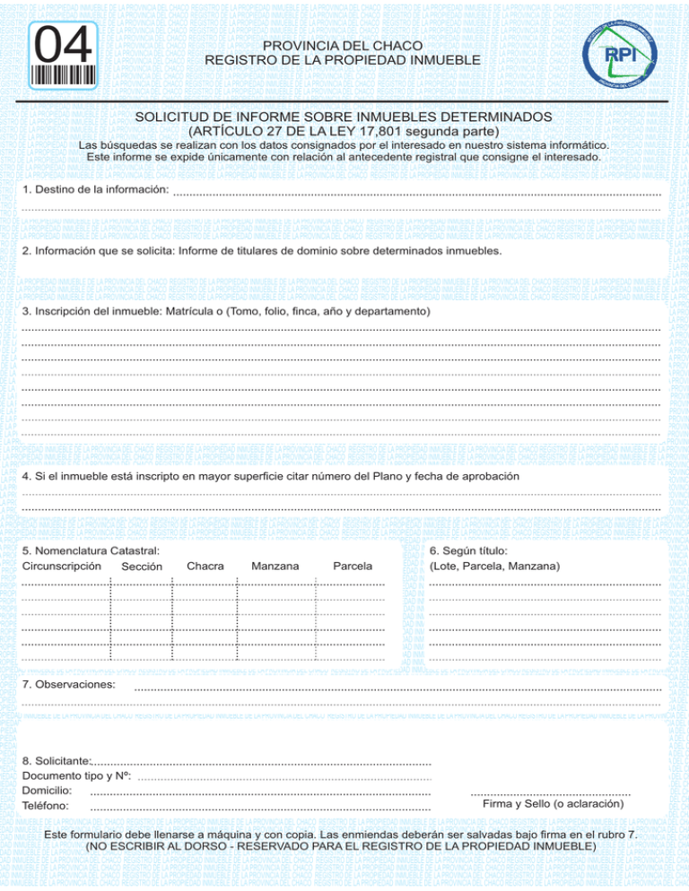 Solicitud De Informe Sobre Inmuebles Determinados