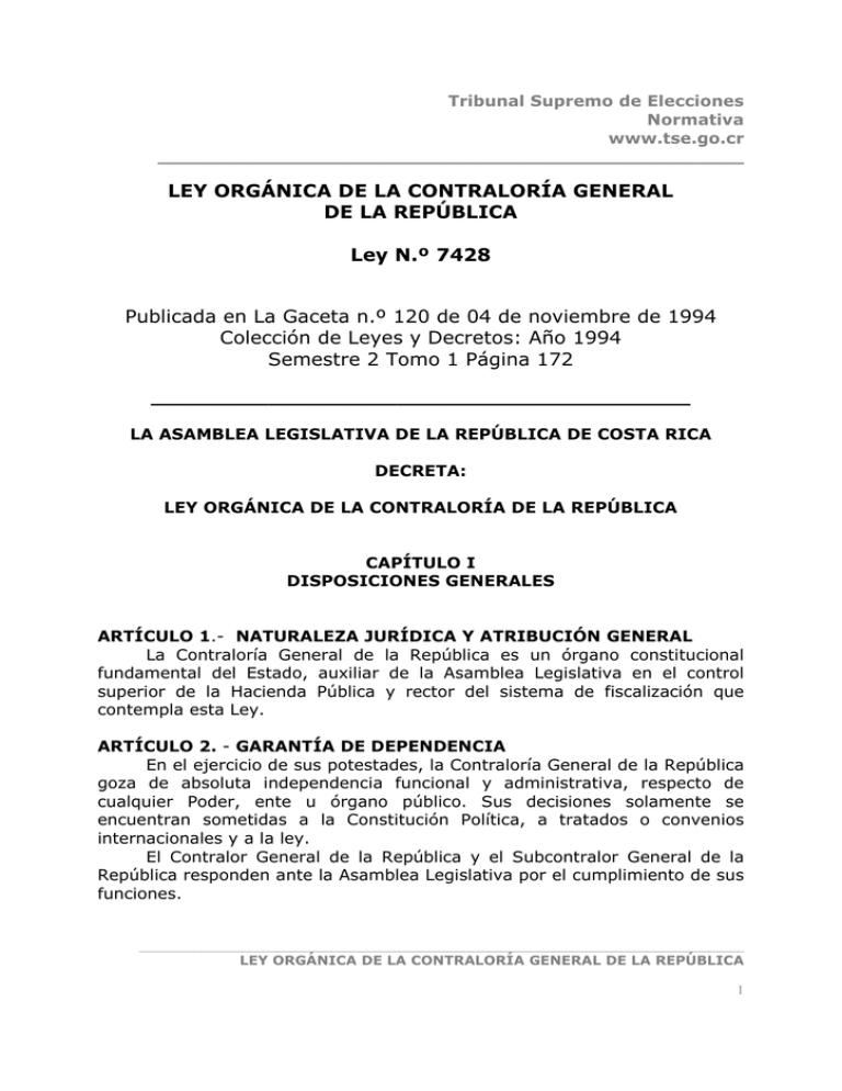 LEY ORGÁNICA DE LA CONTRALORÍA GENERAL DE LA