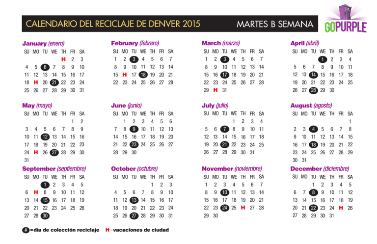 Calendario Del Reciclaje De Denver 2015 Martes B Semana