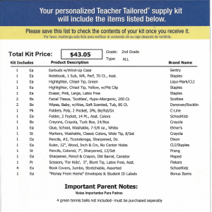 Your personalized Teacher Tallored" supply kit will include the items
