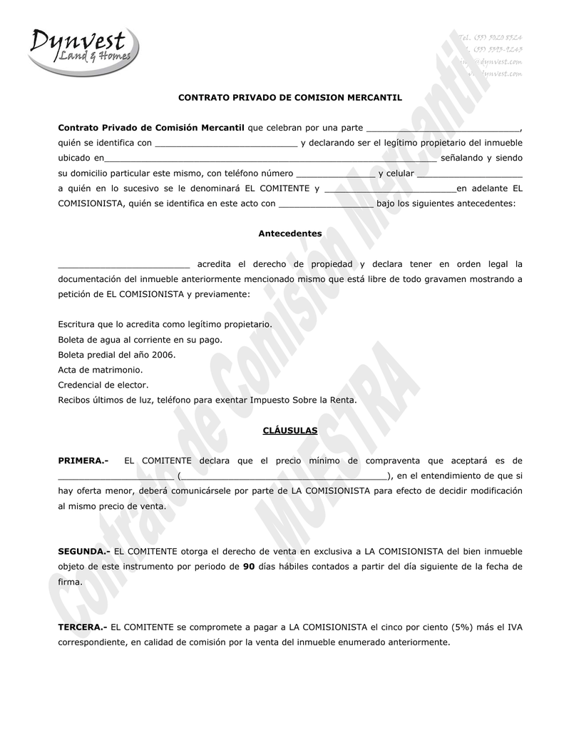 CONTRATO PRIVADO DE COMISION MERCANTIL Contrato