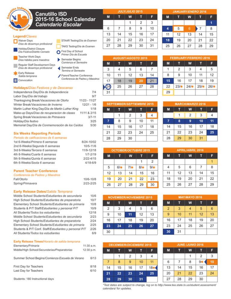 Canutillo ISD 201516 School Calendar Calendario Escolar