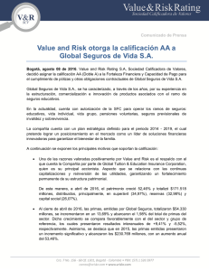 Value and Risk otorga la calificación AA a Global Seguros de Vida SA