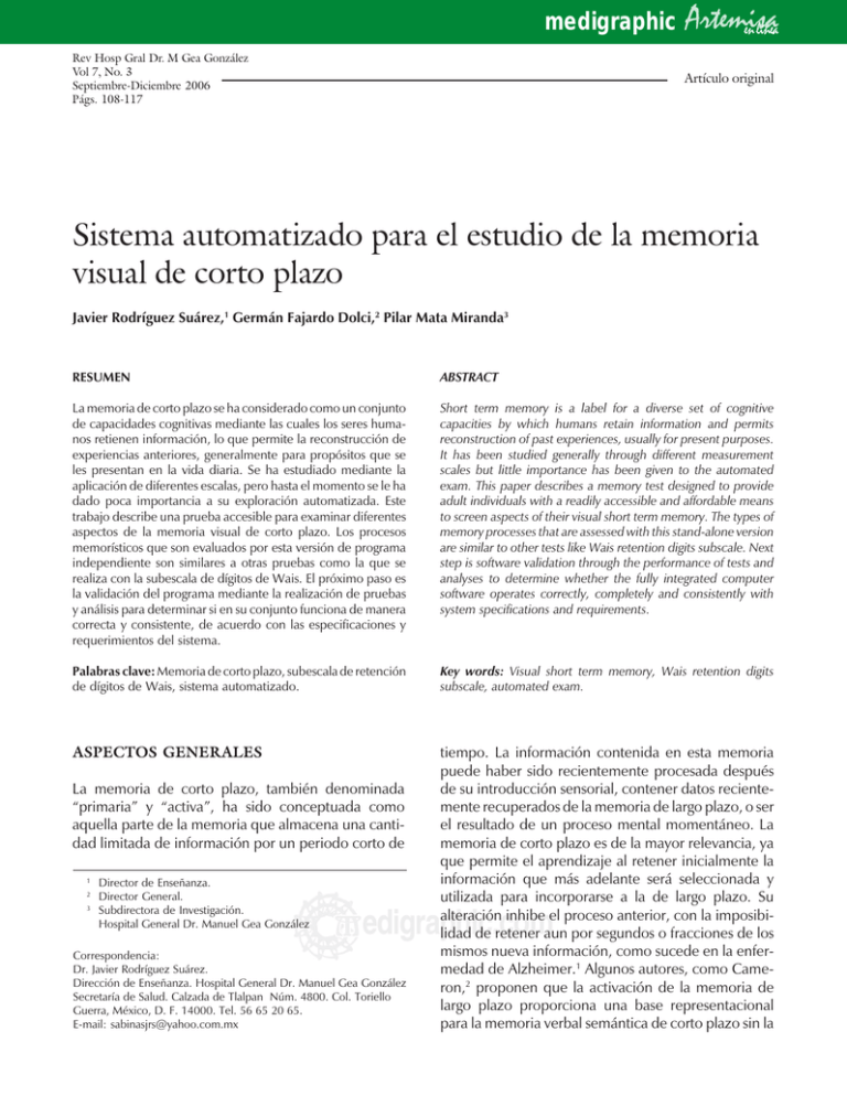 Sistema Automatizado Para El Estudio De La Memoria Visual De Corto