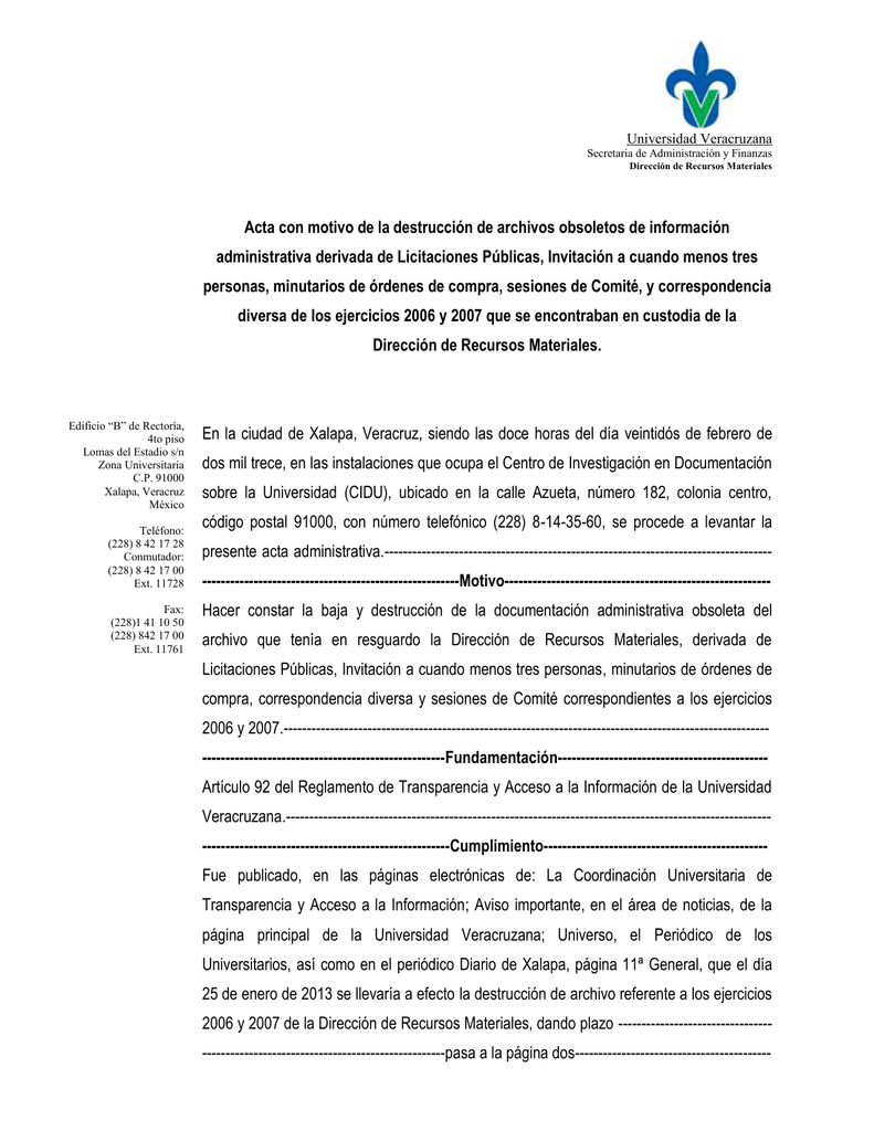 Acta con motivo de la destrucción de archivos obsoletos de