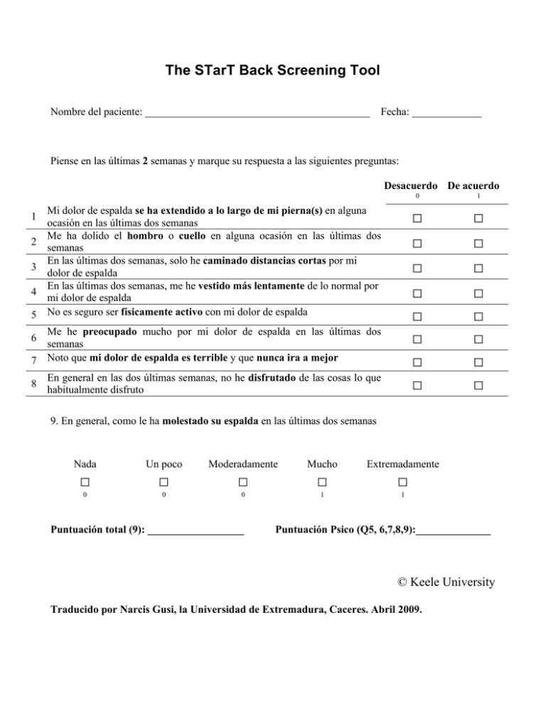 Spanish Translation STarT Back Tool