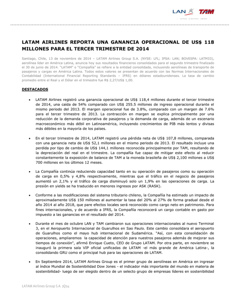 LAN AIRLINES REPORTA ESTADÍSTICAS OPERACIONALES DE