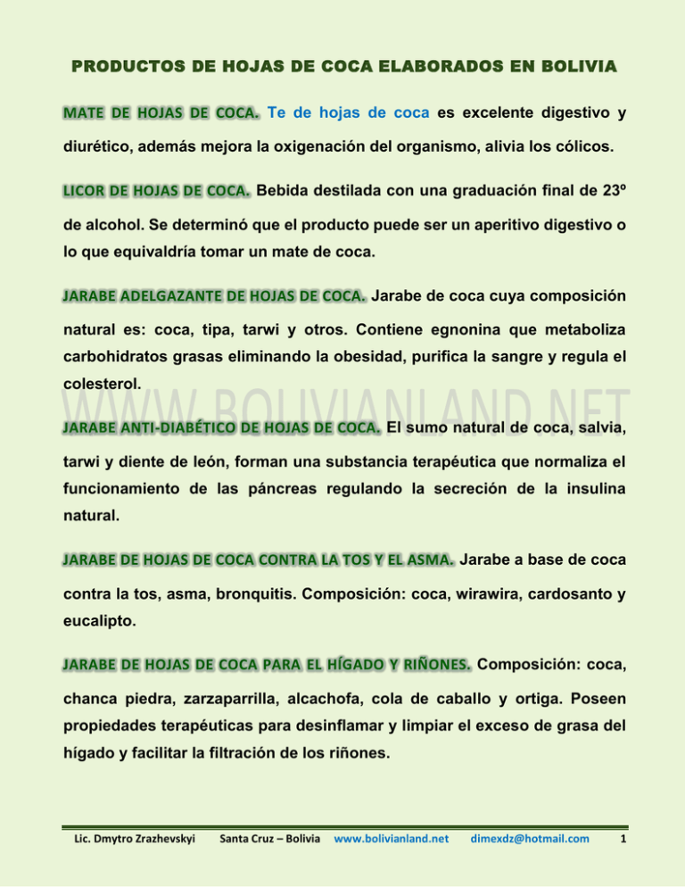 Productos de hojas de coca.