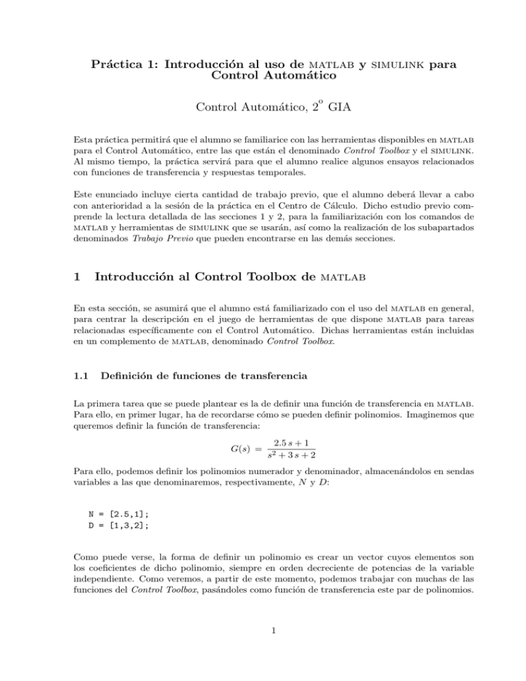 Práctica 1 Introducción al uso de matlab y simulink para Control