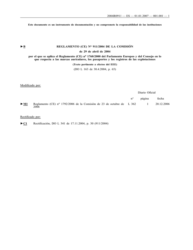 B REGLAMENTO (CE) No 911/2004 DE LA COMISIÓN De 29 De