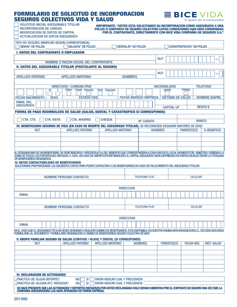 Formulario De Solicitud De Incorporacion Seguros 4285