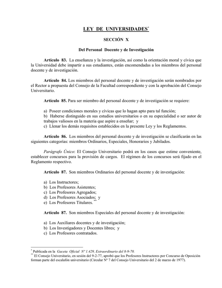 LEY DE UNIVERSIDADES*