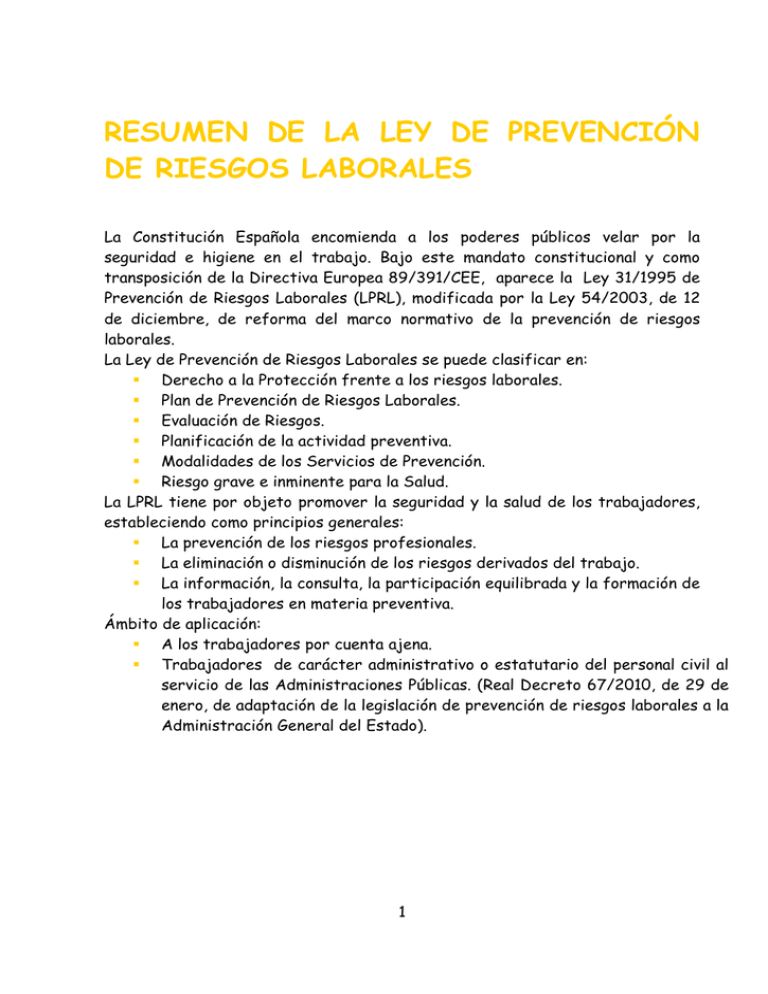 Resumen De La Ley De Prevenci N De Riesgos Laborales