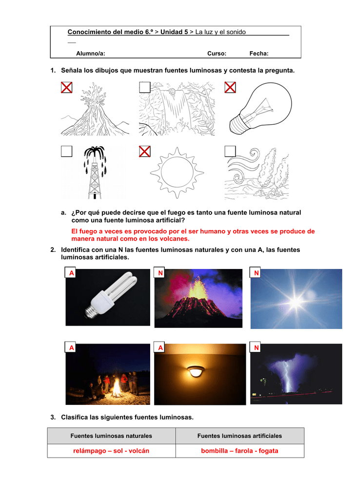 1. Señala los dibujos que muestran fuentes luminosas y contesta la