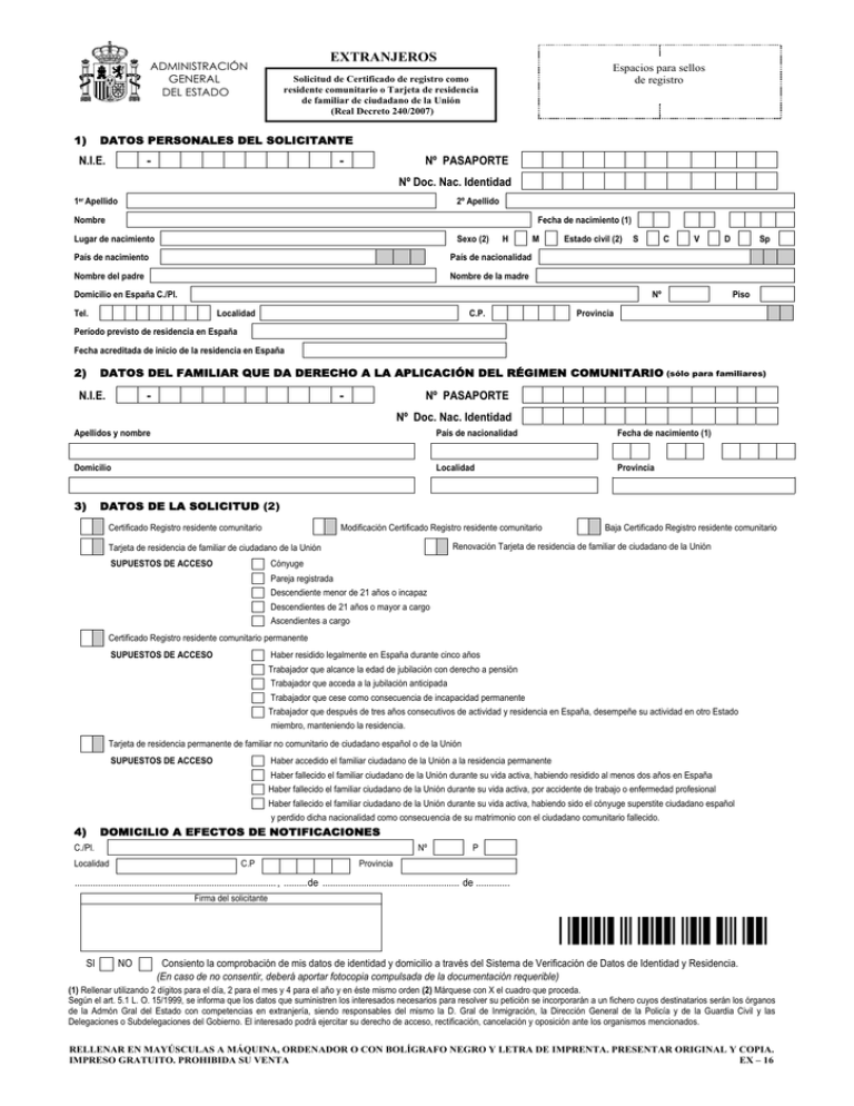 Solicitud Para El Certificado De Residencia Comunitario