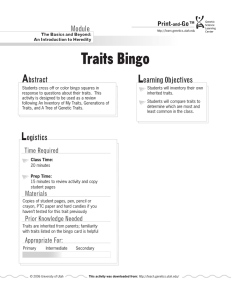 Traits Bingo - Teach Genetics Website