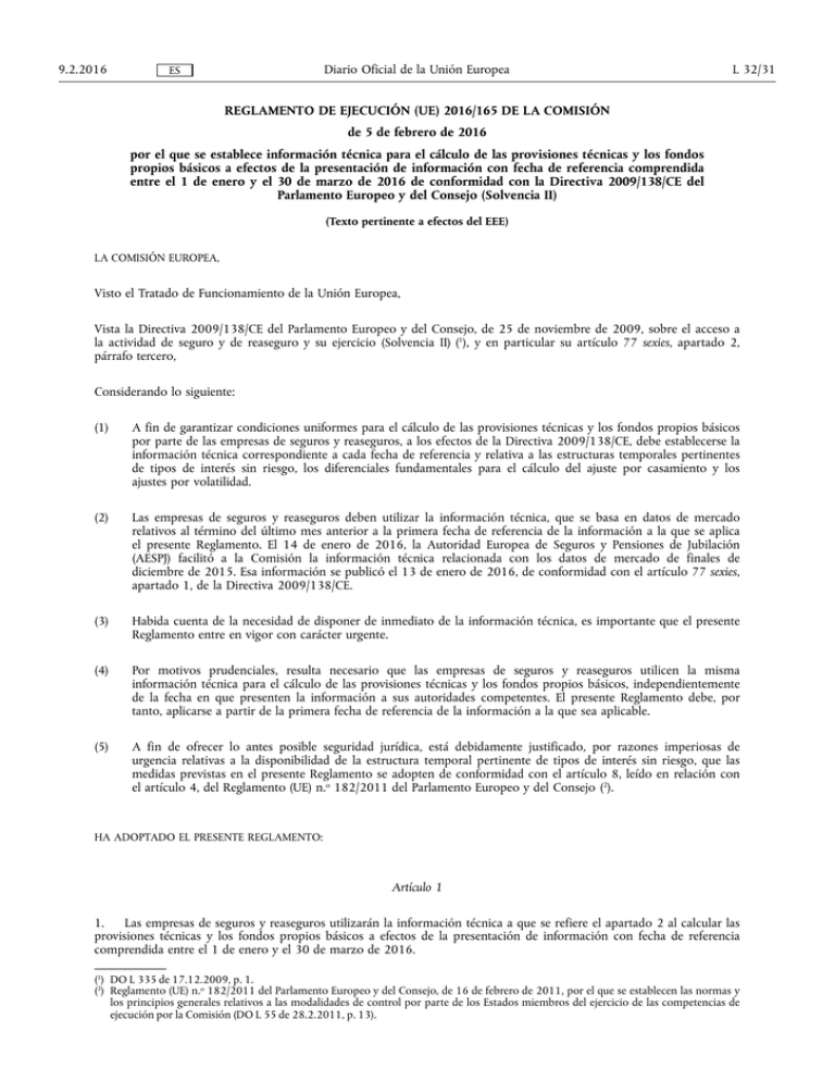 REGLAMENTO DE EJECUCIÓN (UE) 2016/ 165 DE LA COMISIÓN