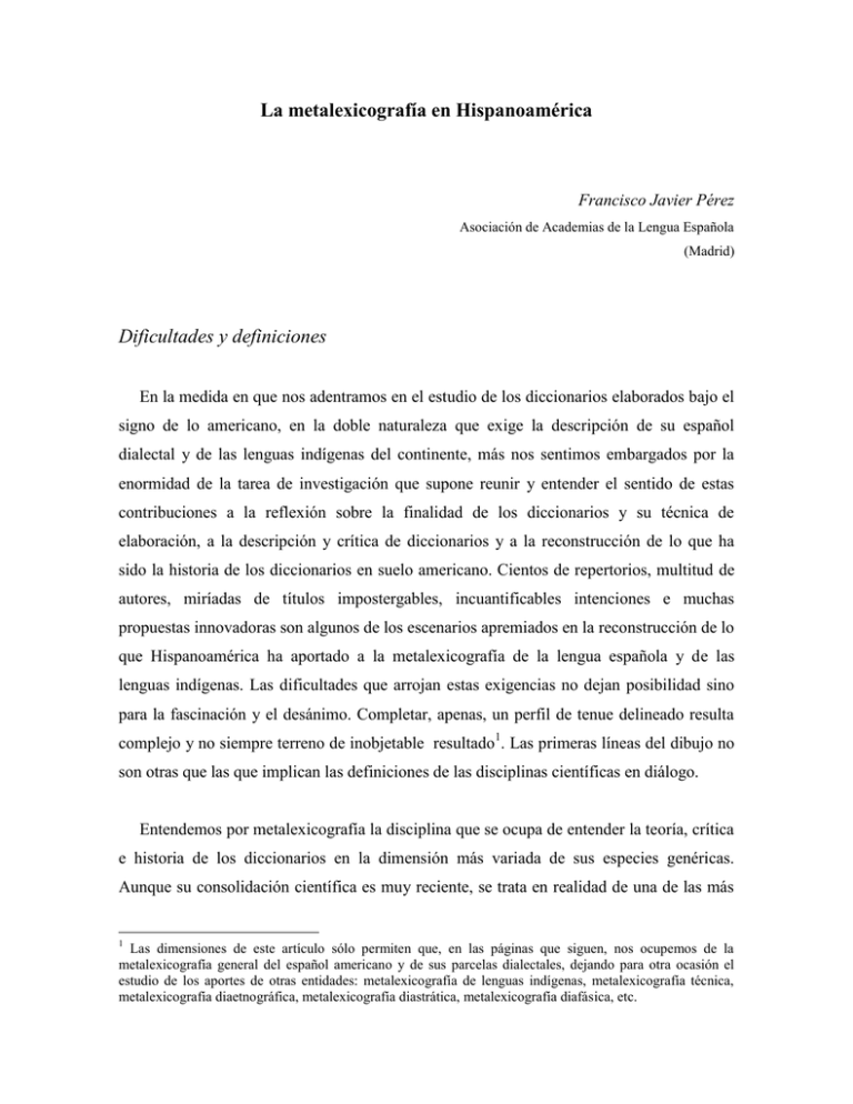 La Metalexicograf a En Hispanoam rica