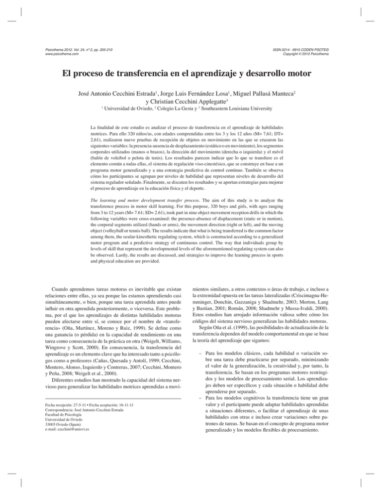 El Proceso De Transferencia En El Aprendizaje Y Desarrollo Motor