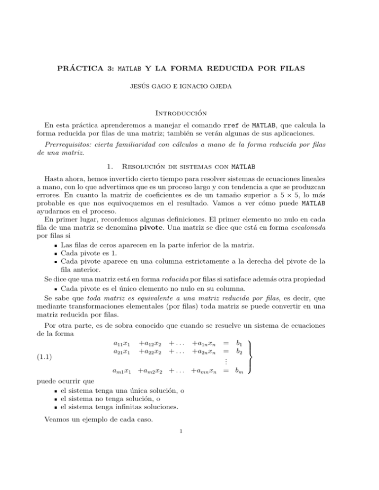 PR´ACTICA 3: MATLAB Y LA FORMA REDUCIDA POR FILAS