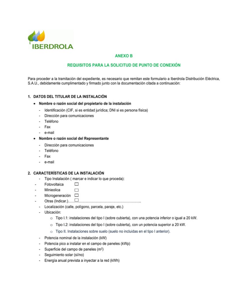 Anexo B Requisitos Para La Solicitud De Punto De Conexión