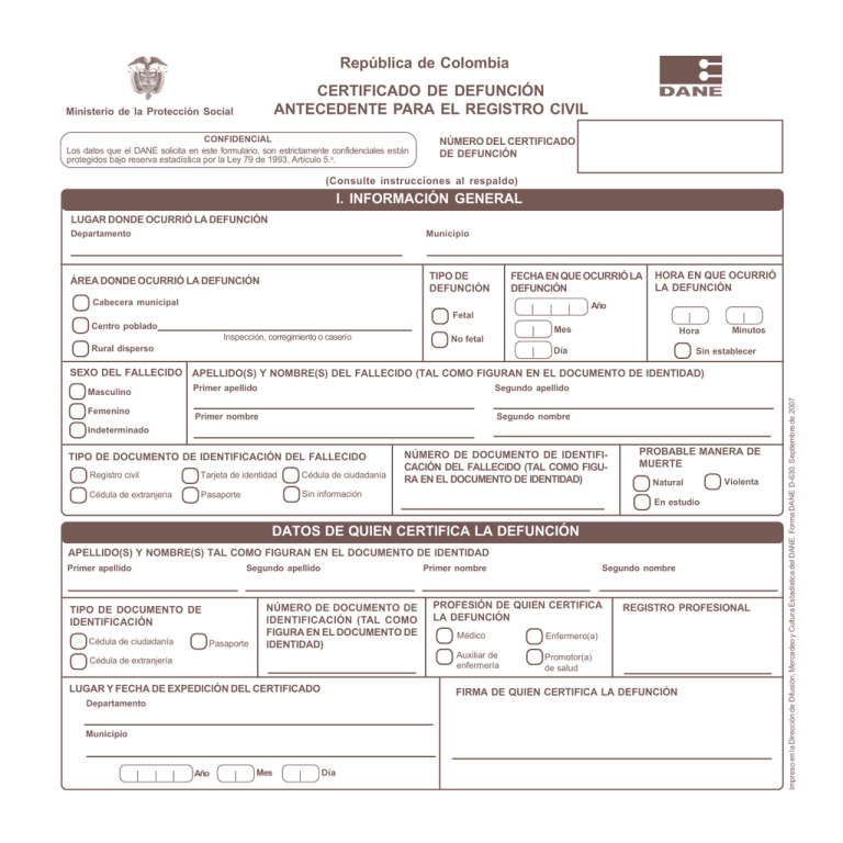 República De Colombia CERTIFICADO DE DEFUNCIÓN