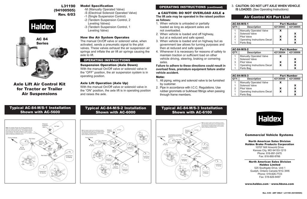 Axle Lift Air Control Kit for Tractor or Trailer Air Suspensions