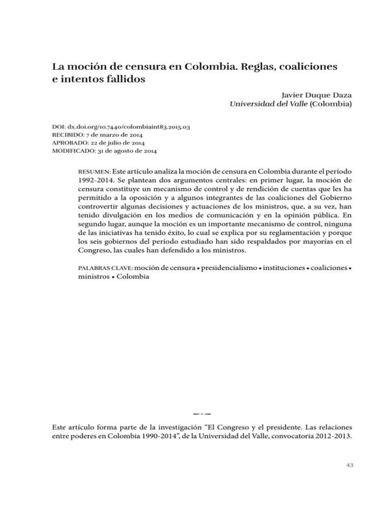 La Moción De Censura En Colombia. Reglas, Coaliciones E Intentos